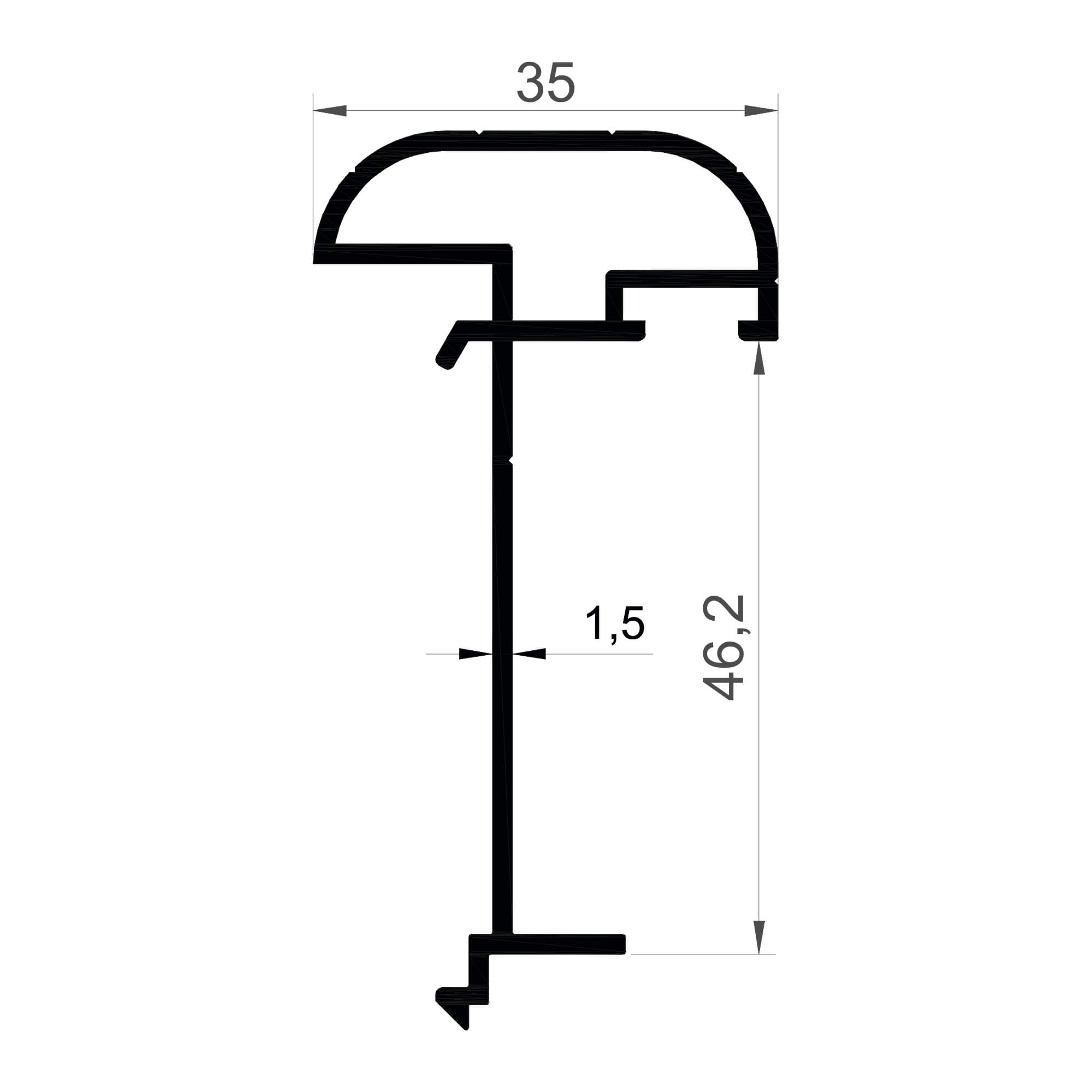 dg-16182-35x46.2-1.5mm-dograma-aluminyum-profil-konmetsan Konmetsan Alüminyum üretimi olan bu doğrama alüminyum profil, Dağ Group Alüminyum güvencesiyle Türkiye alüminyum sektörüne sunulmaktadır. 35x46.2 ölçüsü ve 1.5mm kalınlığı ile doğrama sistemlerinde dengeli ve dayanıklı kullanım sağlar.