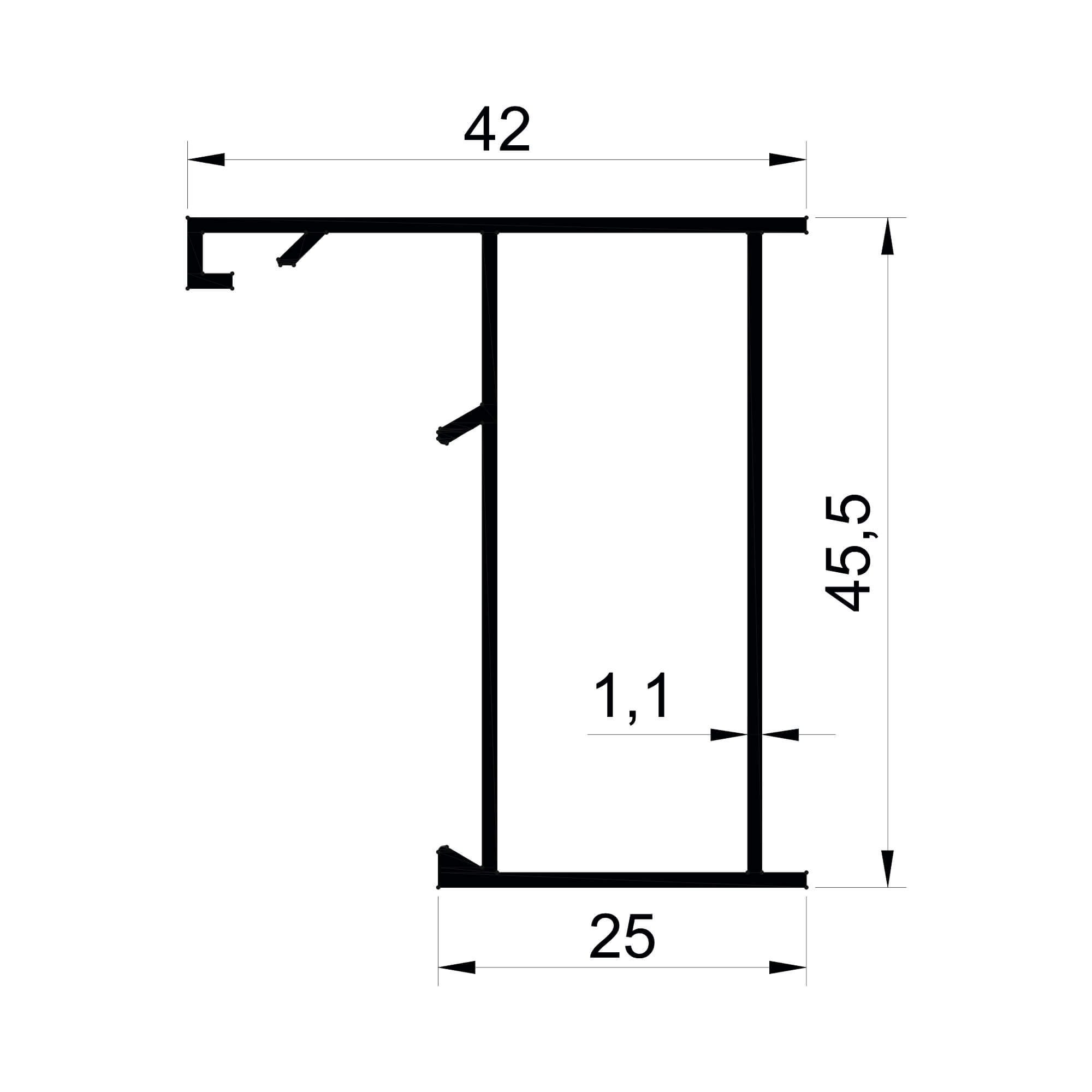 dg-16601-42x45.5-1.1mm-dograma-aluminyum-profil-konmetsan Konmetsan Alüminyum üretimi olan bu doğrama alüminyum profil, Dağ Group Alüminyum güvencesiyle Türkiye alüminyum sektörüne sunulmaktadır. 42x45,5 ölçüsü ve 1,1mm kalınlığı ile doğrama sistemlerinde hafif ve dengeli kullanım sağlar.