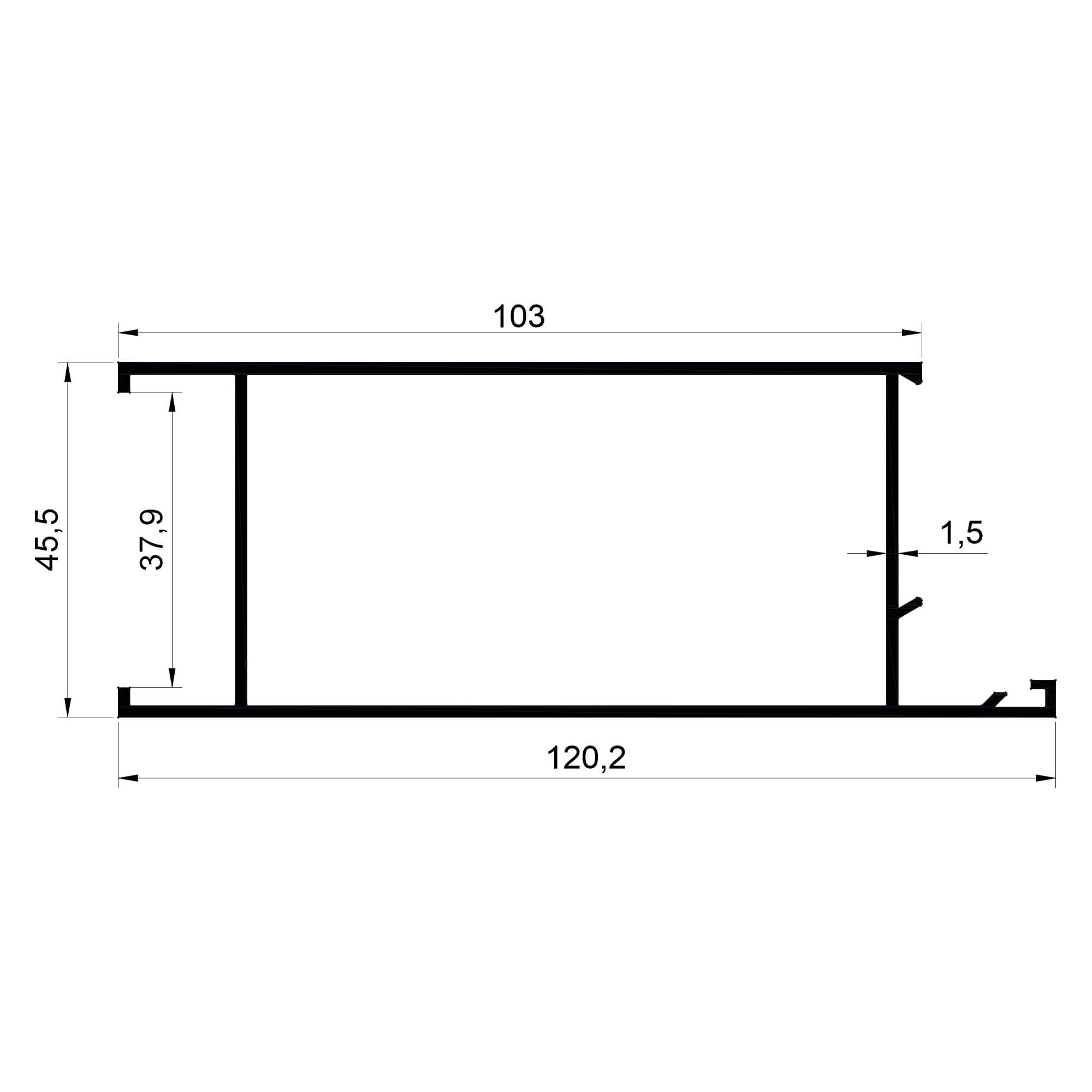 dg-16608-120.2x45.5-1.5mm-dograma-aluminyum-profil-konmetsan Konmetsan Alüminyum üretimi olan bu doğrama alüminyum profil, Dağ Group Alüminyum güvencesiyle Türkiye alüminyum sektörüne sunulmaktadır. 120,2x45,5 ölçüsü ve 1,5mm kalınlığı ile doğrama sistemlerinde maksimum dayanıklılık ve geniş kesit avantajı sağlar.