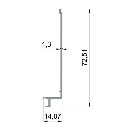 Konmetsan Alüminyum üretimi giyotin alüminyum profil, Dağ Group Alüminyum güvencesiyle sunulmaktadır. 14.07x72.51 ölçüsü ve 1.3mm kalınlığı ile ince ve uzun formda giyotin sistemlerinde tamamlayıcı profil olarak ideal kullanım sağlar.